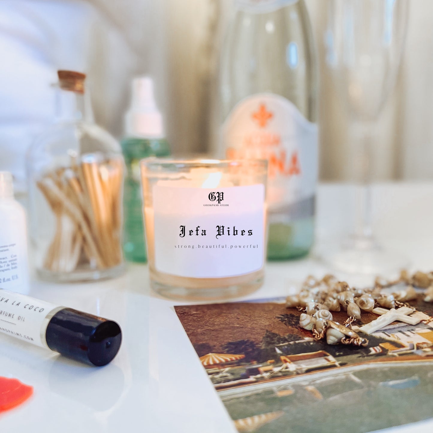 jefa vibes candle gold and palms