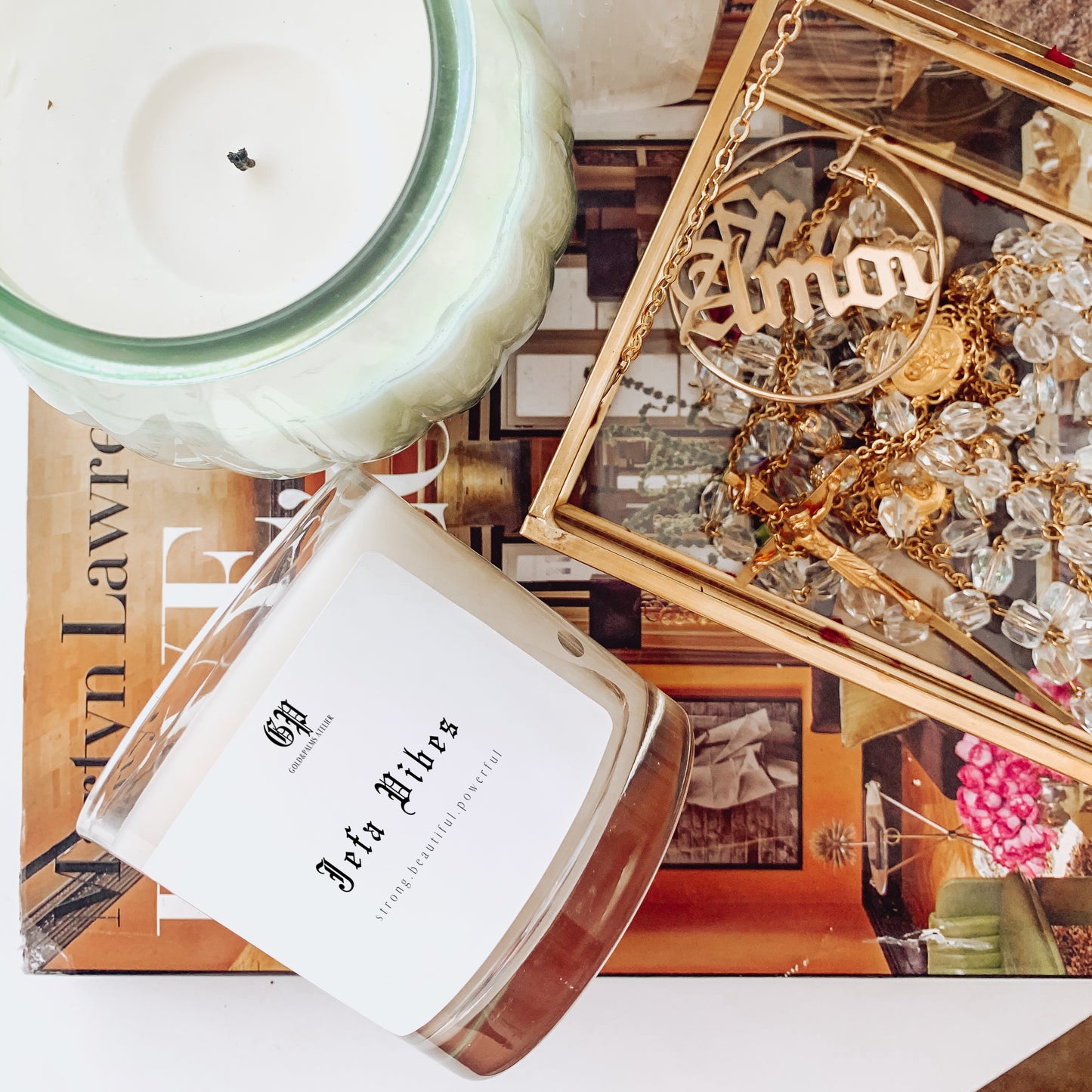 jefa vibes candle gold and palms