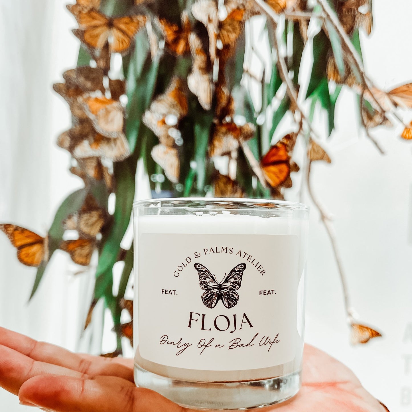 lavender and sea salt candle with butterfly on the label