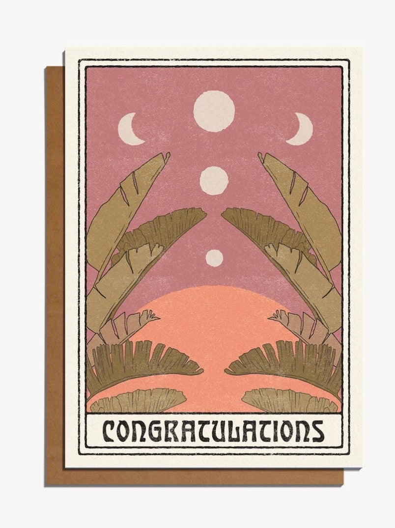 Congratulations Moon phases and palm tree greeting card with brown envelope