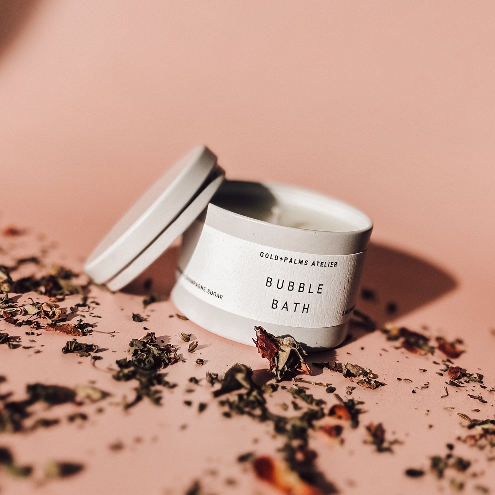 bubble bath candle in tin with dried roses 