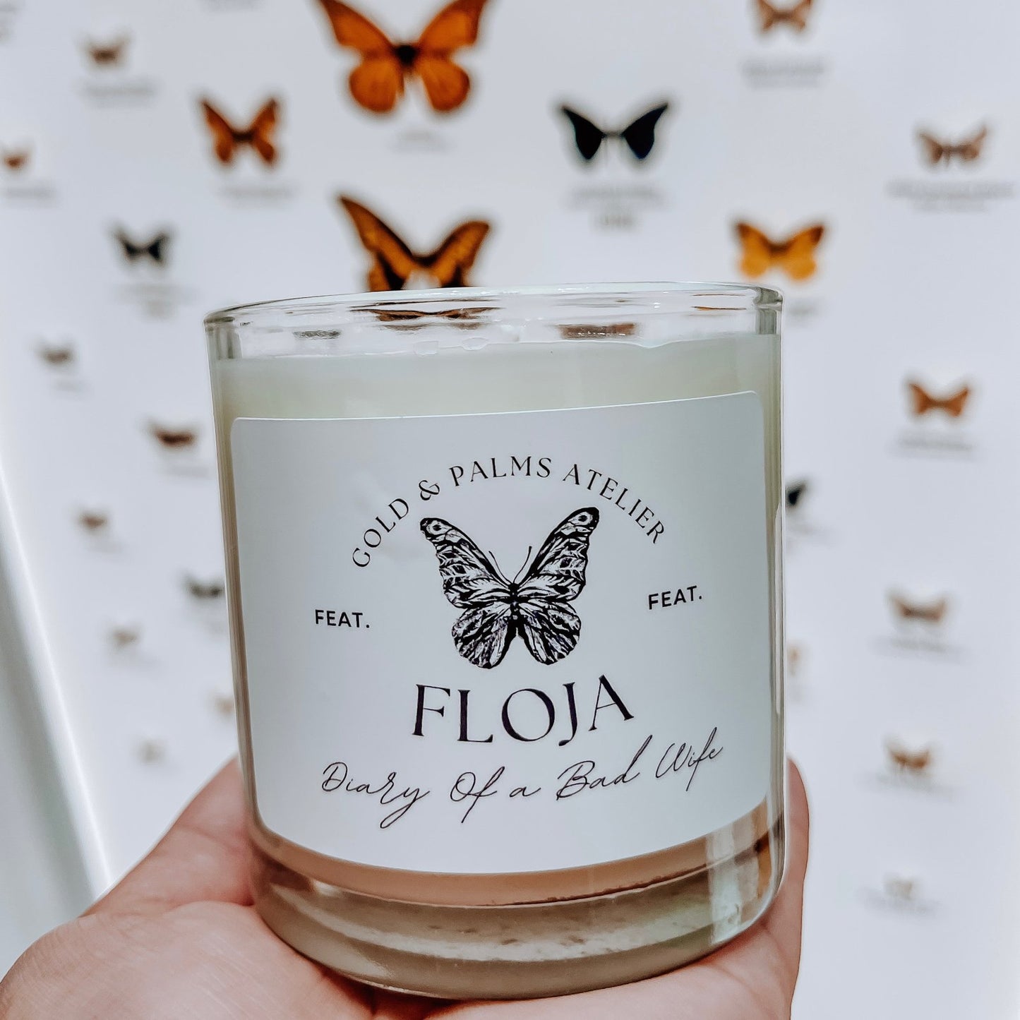 lavender and sea salt candle with butterfly on the label