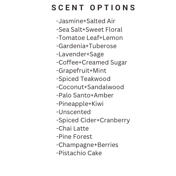 Scent options for customized soy wax candles