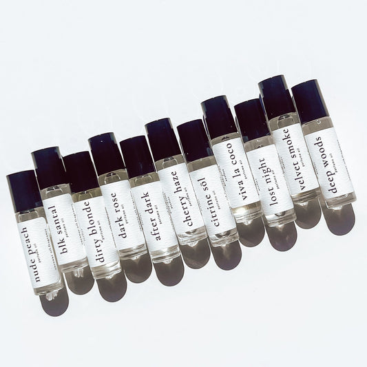 10 ml roller ball perfume oil with white background